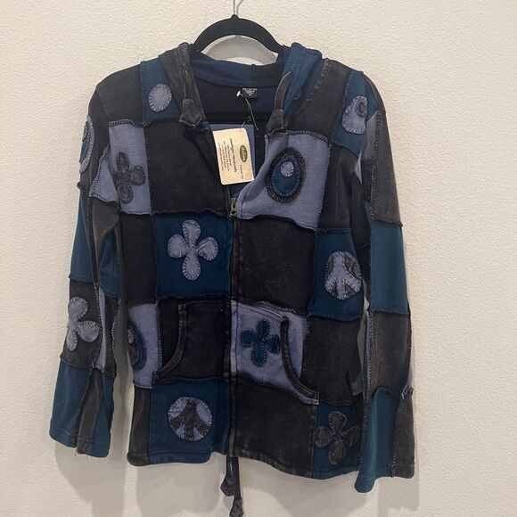 dolma Tops - Cotton Jacket Stonewash Hippie Boho  Emo Funky Patchwork Pixie Zip Hoodie Sz M